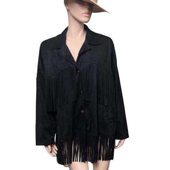 Zara Black Fringe Western Style Retro Jacket Size L Side Pockets Long Sleeves - Picture 8 of 15